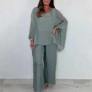 Summer Fashion Loose Chiffon Long Sleeve Top Wide Leg Pants Casual Suit