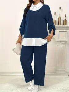Elegant Casual Women's Plus Size 2-Piece Set, Solid Color Contrast Lapel Long Sleeve Shirt and Loose Wide Leg Pants