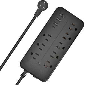 Surge Protector Power Strip with Extension Cord, 1 Count Flat Plug Outlet Extender with 8 AC Outlets & 3 USB Ports & 1 Type C Port, Electrical Sockets for Home