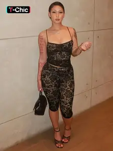 Women's Plain Floral Lace Sleeveless Cami Top & Skinny Pants Two-piece Set, Sexy Feminine Fashion Casual Two Piece Outfits for Daily Outdoor Wear, Lady Black Clothes Outfit, Camisole, Womenswear