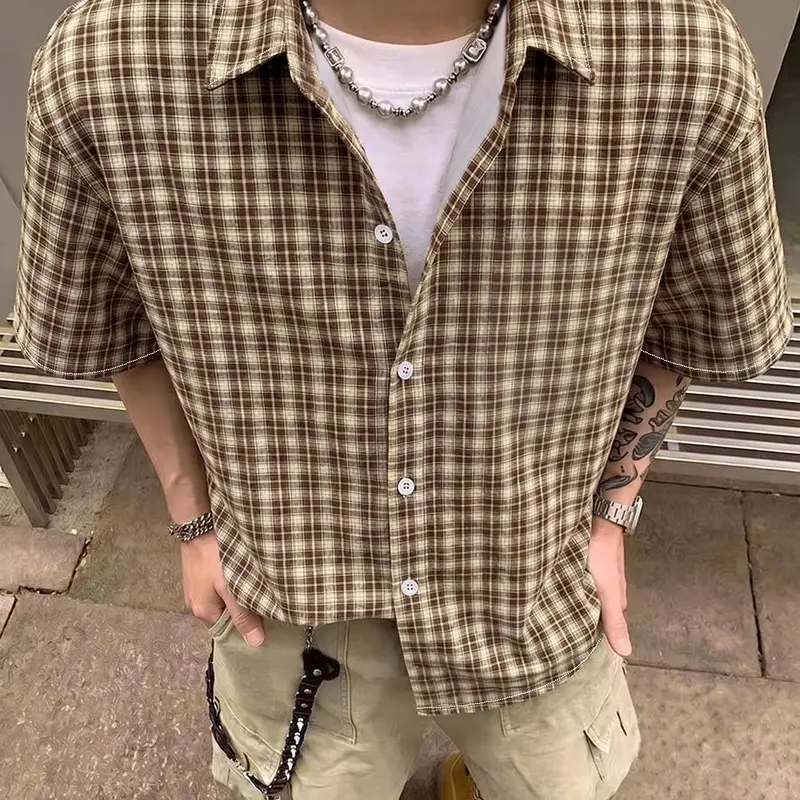 Men's Brown Plaid Short Sleeve Shirt, Casual Collared Shirt Loose Fit Summer Streetwear Top Casual Everyday Wear Casual Apparel