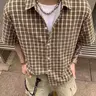 Men's Brown Plaid Short Sleeve Shirt, Casual Collared Shirt Loose Fit Summer Streetwear Top Casual Everyday Wear Casual Apparel