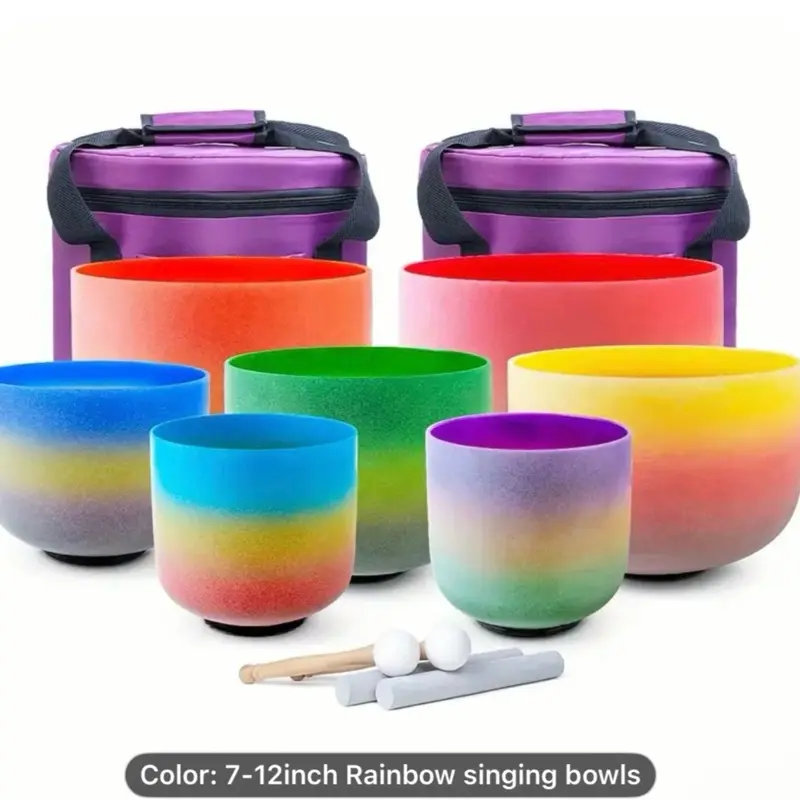 Rainbow 432HZ 7PCS Set of 6-12 Inch Frosted Quartz Crystal Singing Bowls with Free Travel Case Bag for Sound Healing and Meditation
