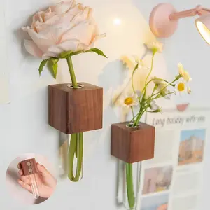 2 Pcs Mini Magnetic Fridge Vase Set, Wooden Test Tube Plant Holder, Strong Magnetic No-Slip Design, Cute Pet Hair Keepsake Container, Multi-Use Floral Display & Storage Decor for Kitchen, Office, Bedroom