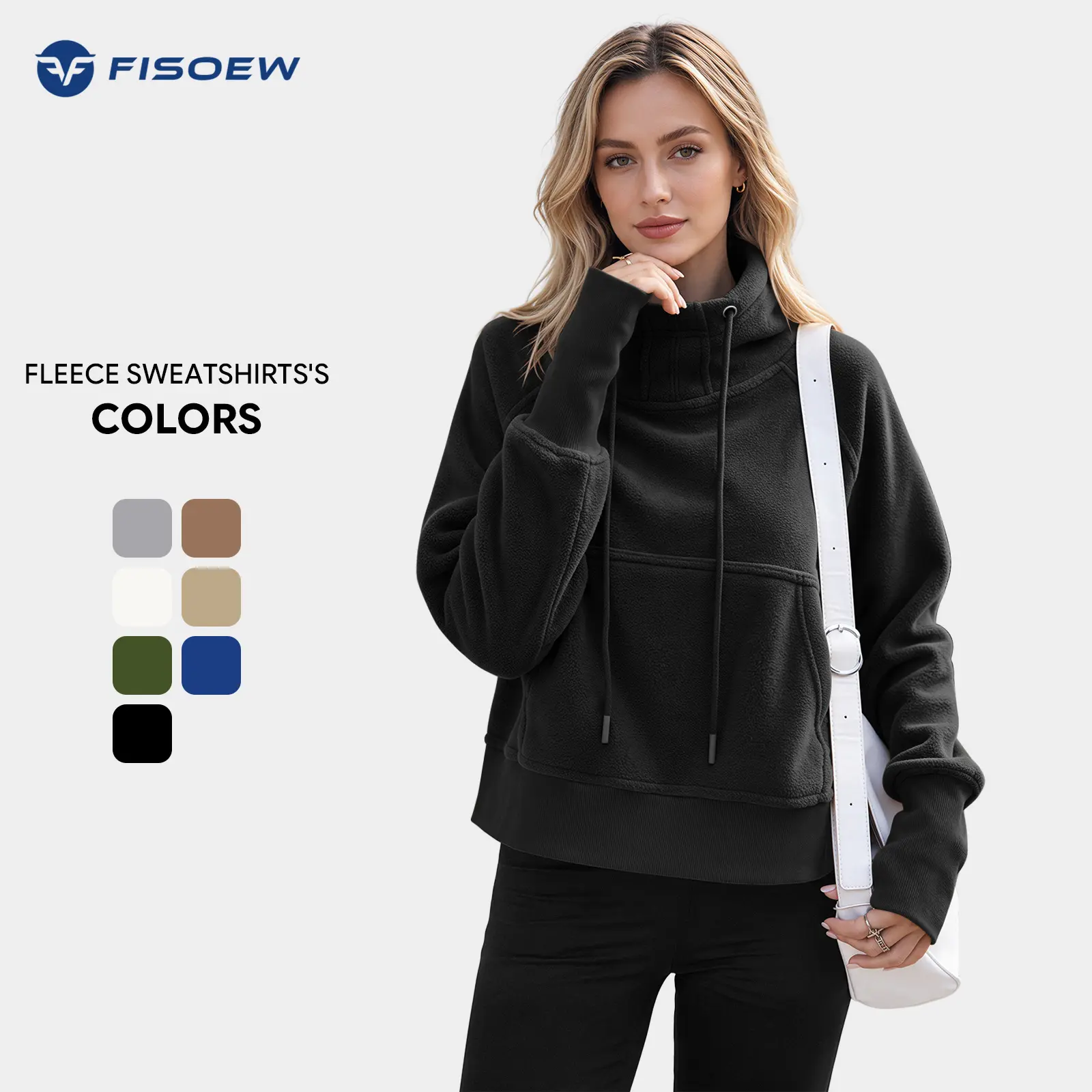 FISOEW Women's Fashion Athletic Cut Long Full Sleeve Polyester Casual Fitted Sweatshirt - Chic Fleece Blend High Neck Pullover with Adjustable Drawstring, Large Pockets, Thumbholes, Quality Fabric for Everyday Comfort & Layering Outfits