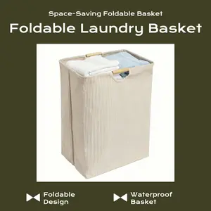Foldable laundry basket with handle, waterproof freestanding large storage basket for storing clothing, travel towels, toys, bedding, bedroom items, and bathroom supplies