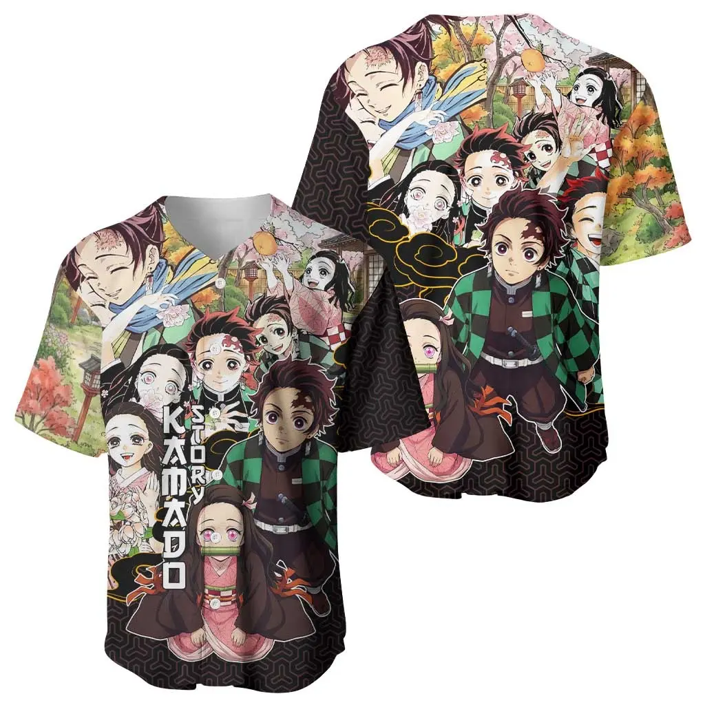 Demon Slayer Tanjiro and Nezuko Kamado Anime Baseball Jersey, Premium Breathable Button Down Short Sleeve Shirt Graphic Tee, All-Over Print Cosplay Streetwear Gift for Anime Fans