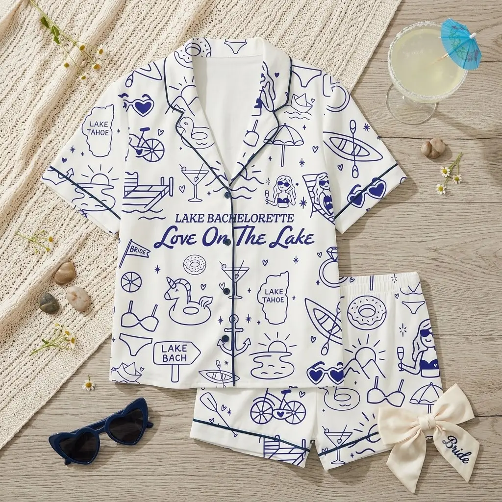 Lake Bachelorette Pajama Set Love On The Lake PJs Lake Tahoe White Blue Wedding Doodle Print Lounge Set Short Sleeve Button Down Shirt Shorts Sleepwear Bride To Be Bridesmaid Gift for Women Soft Cozy Summer Loungewear Trendy Matching Pyjamas