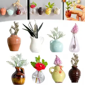 8PCS Cute Mini Ceramic  Magnets for Fridge, Funny Small Plant Magnets, 3D Ceramic Flower  Refrigerator Accessories Kitchen Locker Office Decoration Hydroponic Vase Set Movie Teddy Bear Plush Toy