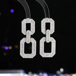 Generic Statement Geometric Link Drop Earrings for Women Rhinestone Rectangle Chain Dangle Earrings Elegant Sparkling Fashion Jewelry for Party Wedding Evening