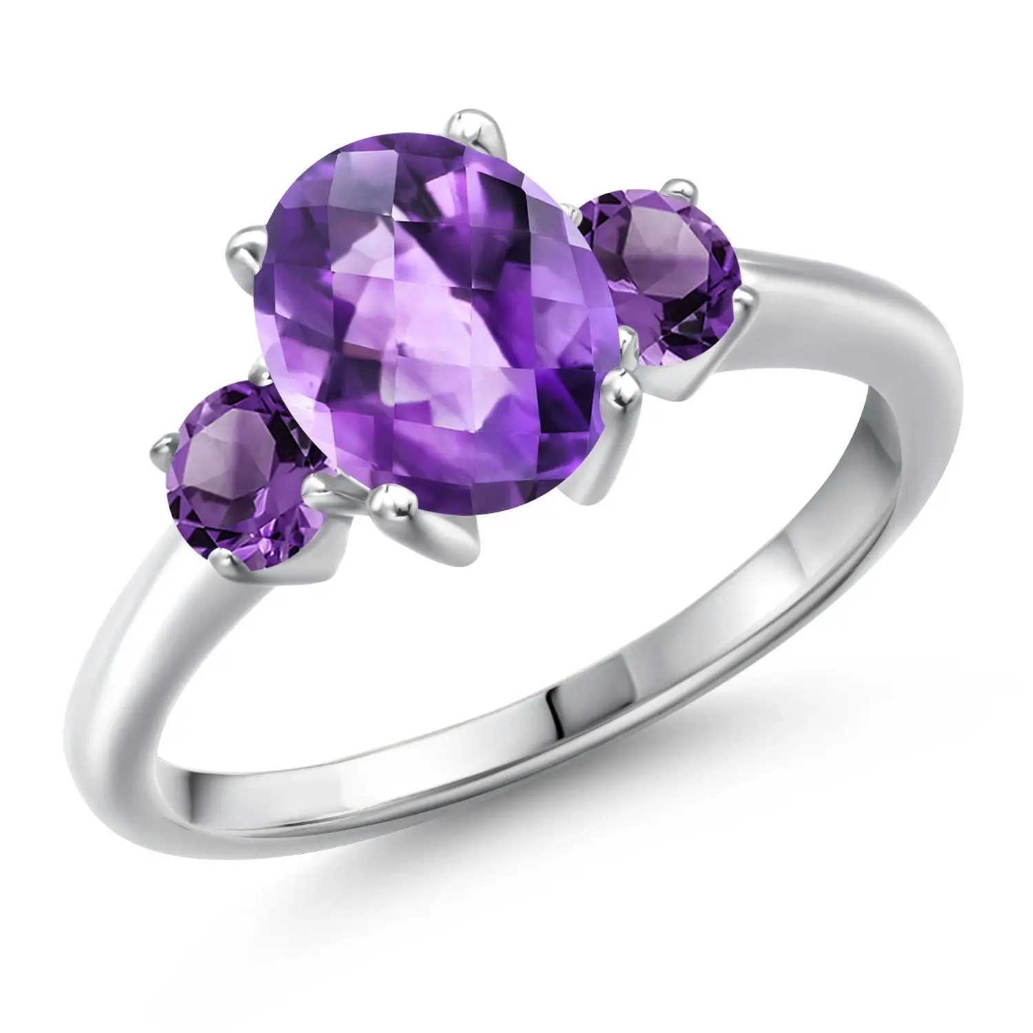 Gemstone Birthstone 3-Stone Engagement Ring for Women in 925 Sterling Silver | Oval 9X7MM and Round 4MM | Three Stone Wedding Anniversary Promise Ring | Sizes 5, 6, 7, 8, 9