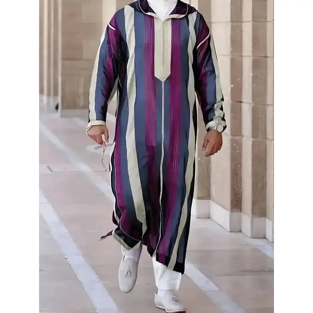 Men's Casual Djellaba, Striped Hooded Moroccan Thobe with Pockets, Long Sleeve Islamic Robe for, & Special Occasion, ComfortStretch, Lightweight, ModernStyle, UrbanStyle, EverydayLook, ComfortableFit regular fit go to