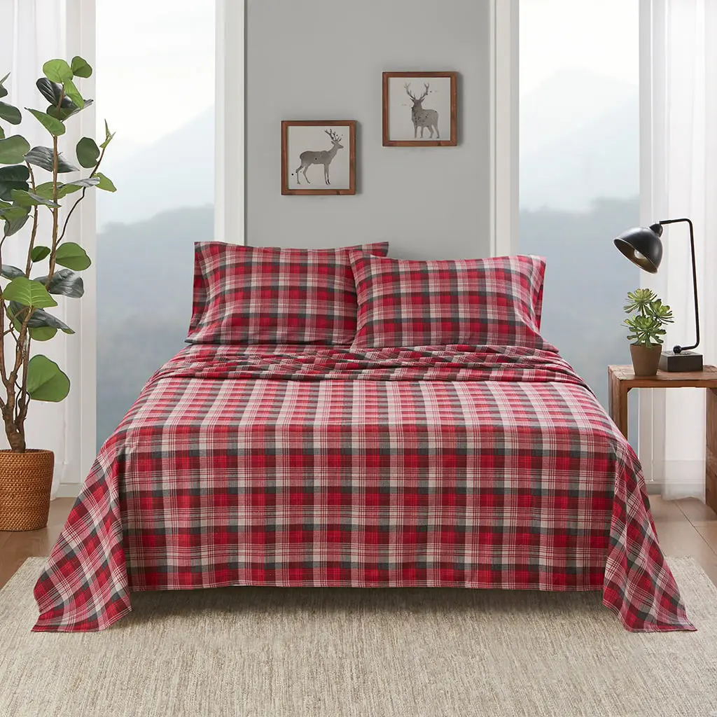 Woolrich Full-Size Red Plaid Cotton Flannel Decorative Bedsheet Sets - WR20-4002 Soft Bedding Sheets, 91x96x0.13 in