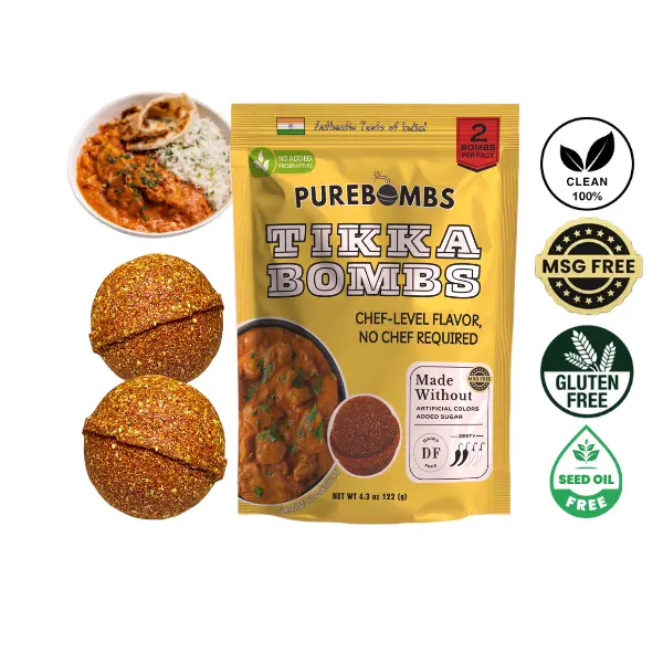 PUREBOMBS Tikka Bombs Spice Seasoning Mix (Pack of 2) - 18-20 Servings, Chef-Level Flavor No Chef Required, No MSG, Gluten-Free, GMO-Free, No Artificial Colors, No Added Sugar, for Quick Authentic Tikka Masala, Dairy Free