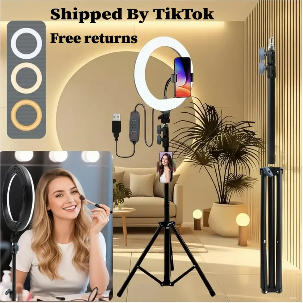 10" LED Ring Light with 57" Height-Adjustable Foldable Tripod, USB-Powered Portable Fill Light with Smartphone/Cellphone Holder for Zoom Meetings, Home Office Mobile Accessory