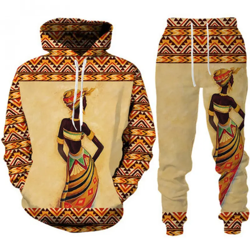 Men's 2-Piece 2025 New Fashion Sweatshirt And Pants Suit - 3D Digital Printed Ethnic Figure Pattern, Available in S, M, 2XL, 3XL, Customized Options, 4Xl, 5Xl, 6Xl, Screw, All Seasons, Basic, Cartoon, Long, Loose-Fitting