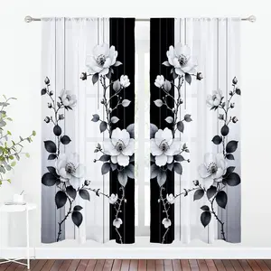 Floral Pattern Curtain, 2 Counts/set Breathable Polyester Fabric Curtain, Soft Elegant Vertical Pattern Privacy Translucent Gauze Curtain for Home Living Room Bedroom