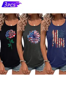 Women's Independence Day Flag Print Tank Top, Casual Round Neck Sleeveless Summer Set, Breathable and Comfortable, S-Xxl