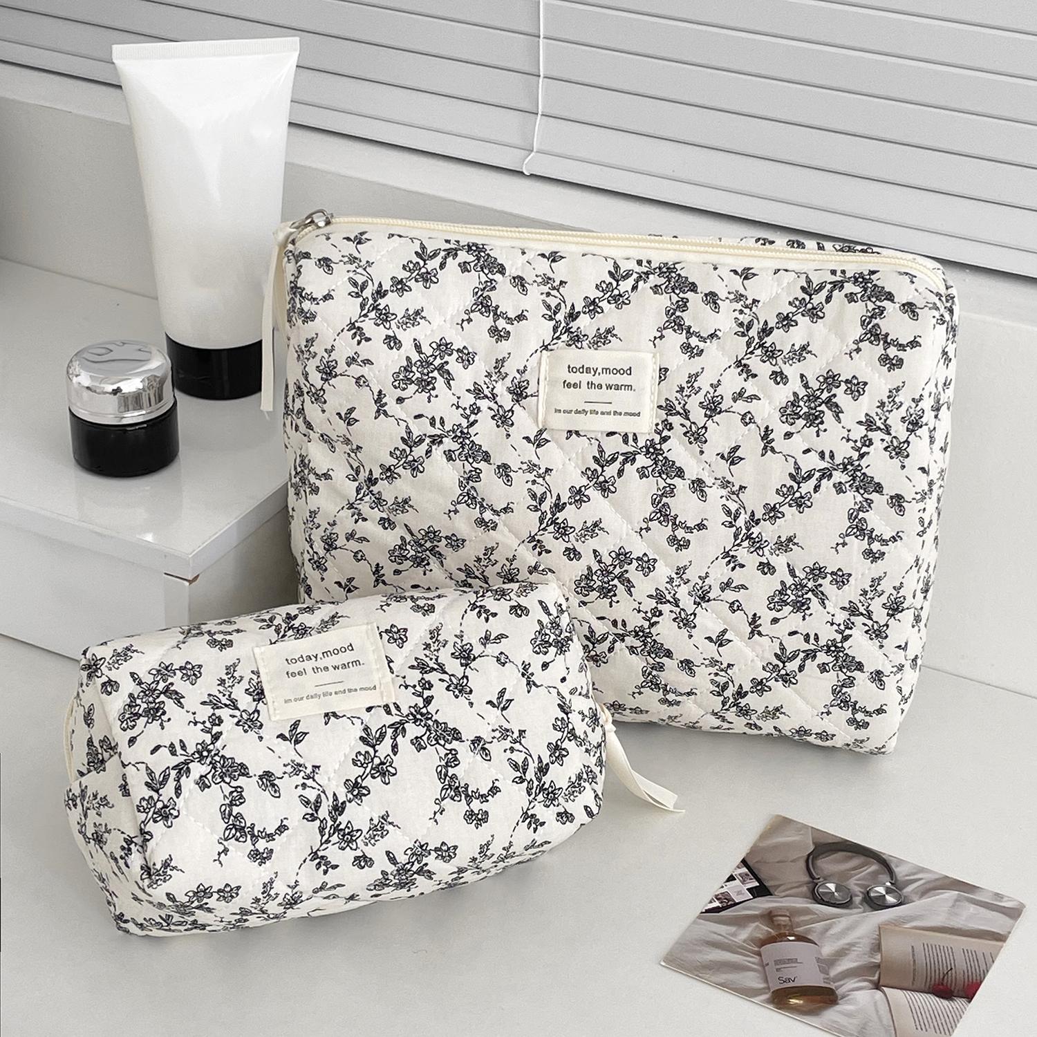 Retro black floral patchwork makeup bag set, 4 pieces — girly coquette travel storage bags
