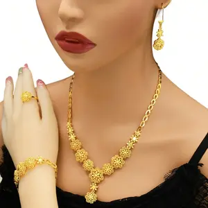 Gold Plated Bride Wedding Necklace Earrings Ring Bracelet Arab Women's Simple Daily Wear Jewelry Set Gifts for Mom