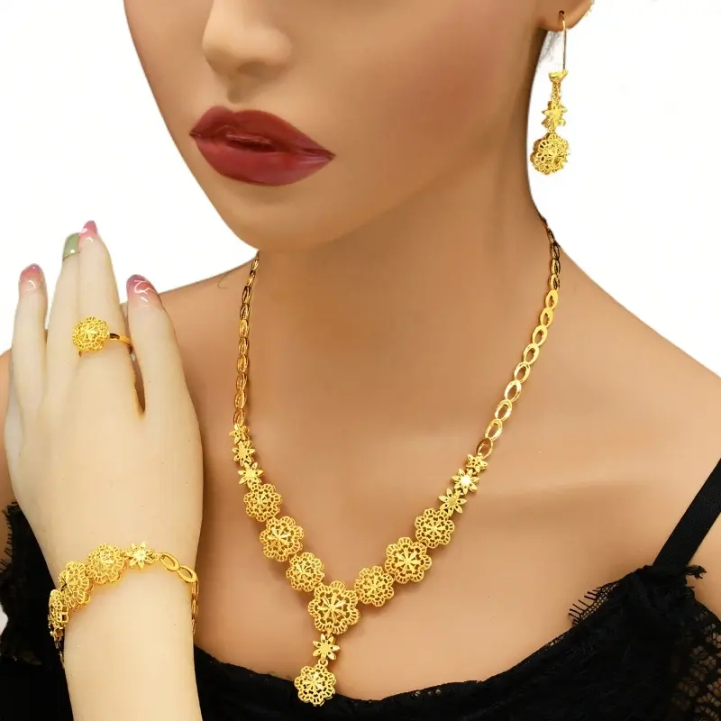 Women's Elegant Floral Alloy Electroplating 4-Piece Matching Jewelry Set - Gold Plated Necklace-Earrings-Ring-Bracelet for Arab Female, Daily/Bride Wedding Wear, Mom Gift