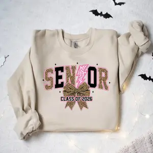 Senior Class of 2026 Sweatshirt – Leopard Print SENIOR with Pink Lightning & Bow – Cute Graduation Crewneck for High School Seniors – tiktok shop store