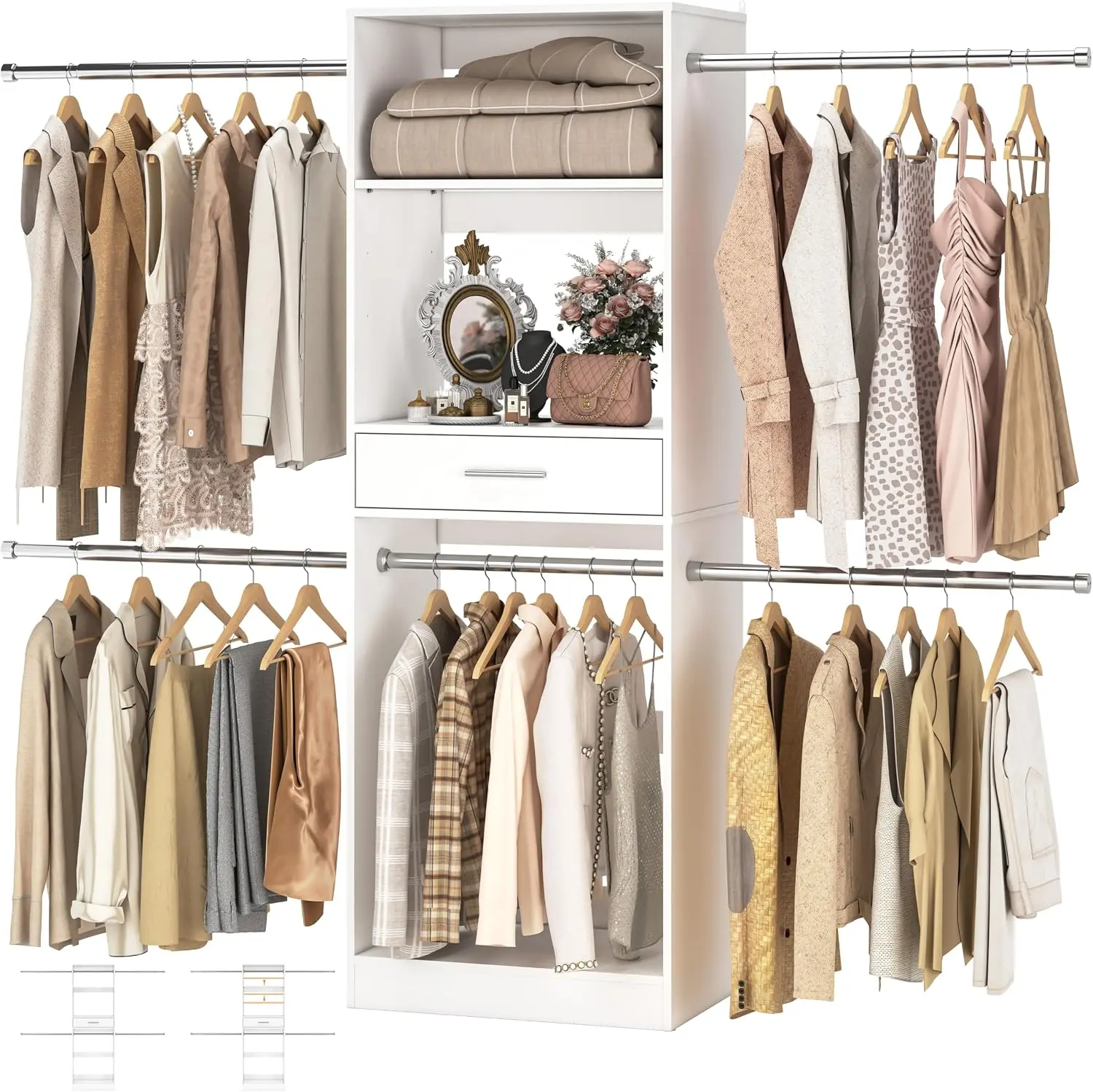 8FT Closet System, 96 Inch Walk in Closets Organizer Kit with 4 Extendable Hanging Rods and Drawer, Adjustable Wood Garment Rack, Sturdy Closet Insert, Easy Assembly, Max Load 1000 LBS, Unikito
