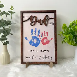 Personalized Hands Down Best Dad Ever, Handprint Sign Fathers Day 2026 Gift, Celebrate Dad with Handprints, Custom Engraved Wooden Sign