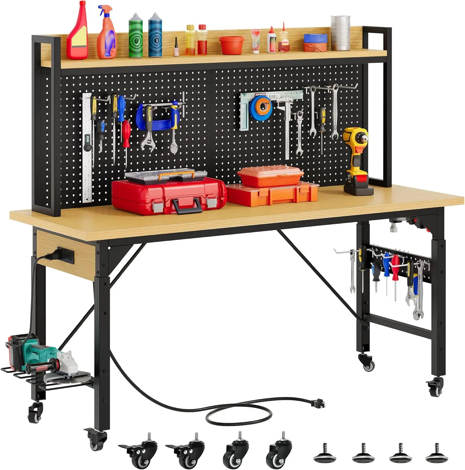 【fathersdaygift】OEDRO 60" Adjustable Workbench with Pegboard, Heavy Duty Wood Top Work Bench with Wheels, 1600 LBS Load Capacity, Rolling Work Table with AC/USB Outlet, Hooks, Rack for Garage, Workshop, Office, Home