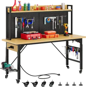 OEDRO 60" Adjustable Workbench with Pegboard, Heavy Duty Wood Top Work Bench with Wheels, 1600 LBS Load Capacity, Rolling Work Table with AC/USB Outlet, Hooks, Rack for Garage, Workshop, Office, Home
