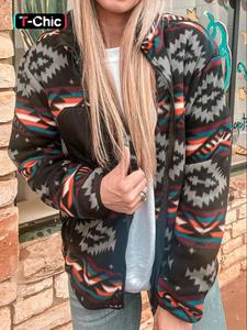 women's ethnic pattern zip up funnel neck jacket, casual tops, long sleeve pocket outerwear for winter, coat, winter clothes women, coats for women, ladies clothes for daily wear, jackets for women