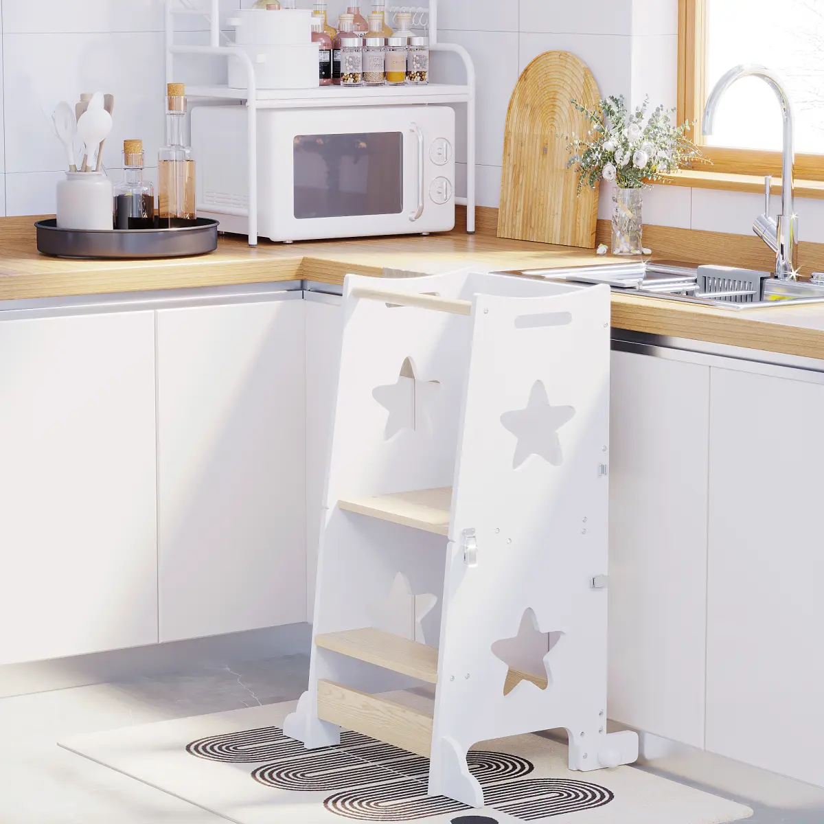 Wooden 3-in-1 Kids Learning Tower - Modern Step Stool, Cute Star Cutout Design, Counter Height, Convertible Table+Chair+Step Set, Chalkboard Fun Activity Station, Anti-Tipping Stable, Kitchen Gift for Toddlers