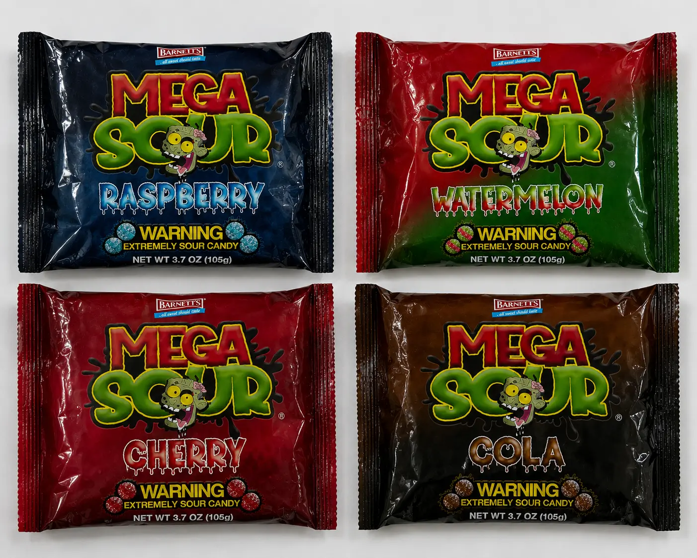 Barnett's Mega Sour Balls 3.7oz Bags - Raspberry, Watermelon, Cola & Cherry Flavours - UK's Sourest Candy - Imported Candy in Exciting Flavours