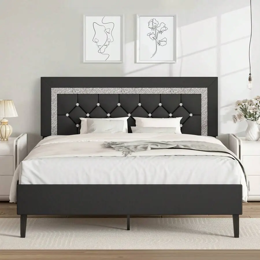 Twin/ Full/ Queen    Headboard, Modern Upholstered    Diamond Tufted Headboard, PU Leather  , No Box Spring Needed, Easy Assembly, White/ Black/ Pink bed Frame with Size Gingham Daybed Trundle, 6.3 Inches, Modern Bedroom, Framed, Classic, Assembly Require