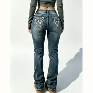 Women's Slim Fit Tummy Tuck Embroidered Bootcut Pants, Blue Wide Leg Jeans, Womenswear Bottoms