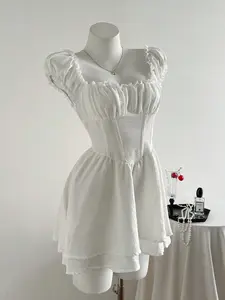 Women's Elegant Summer Vacation Style Dress, Waist Cinched Floral Trim Design, Solid Color Fashionable for Women