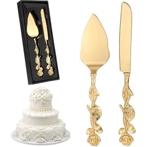 Wedding Cake Knife and Server Set Golden Vintage Rose Cake Cutting Set for Birthday Christmas Festival Party Anniversary for Cake Pie Pizza Kitchen tools Sunmmervibes tiktokshopspringglowup