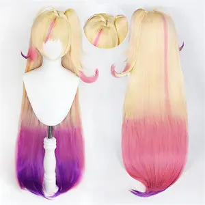 100cm Star Guardian Seraphine Cosplay Wig LoL Curly Ponytail Gradient Golden Pink Purple Long Straight Heat Resistant Hair Wigs