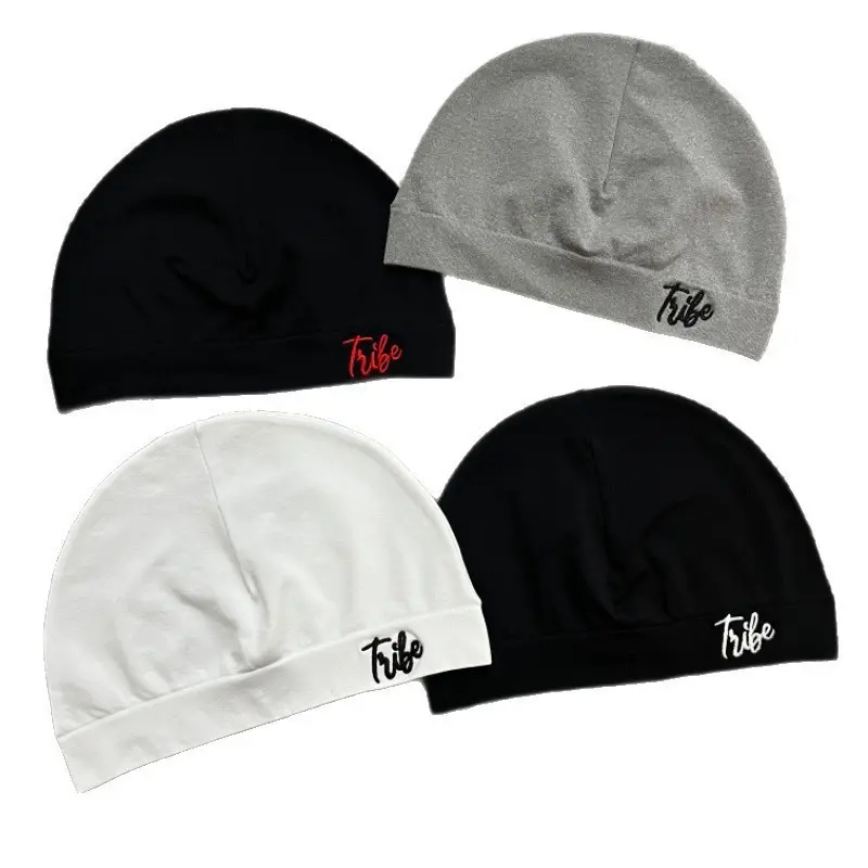Unisex Embroidered Skull Cap, Streetwear Fitted Hat for Locs & Braids, Minimalist Script Logo Soft Stretch Knit Cap