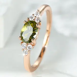 Peridot Rose Gold Ring for Women & Men, Dainty Four-Prong Zircon Setting with Micro Pave Detail, Minimalist Stackable Jewelry, Sparkly Promise Engagement Anniversary Gift