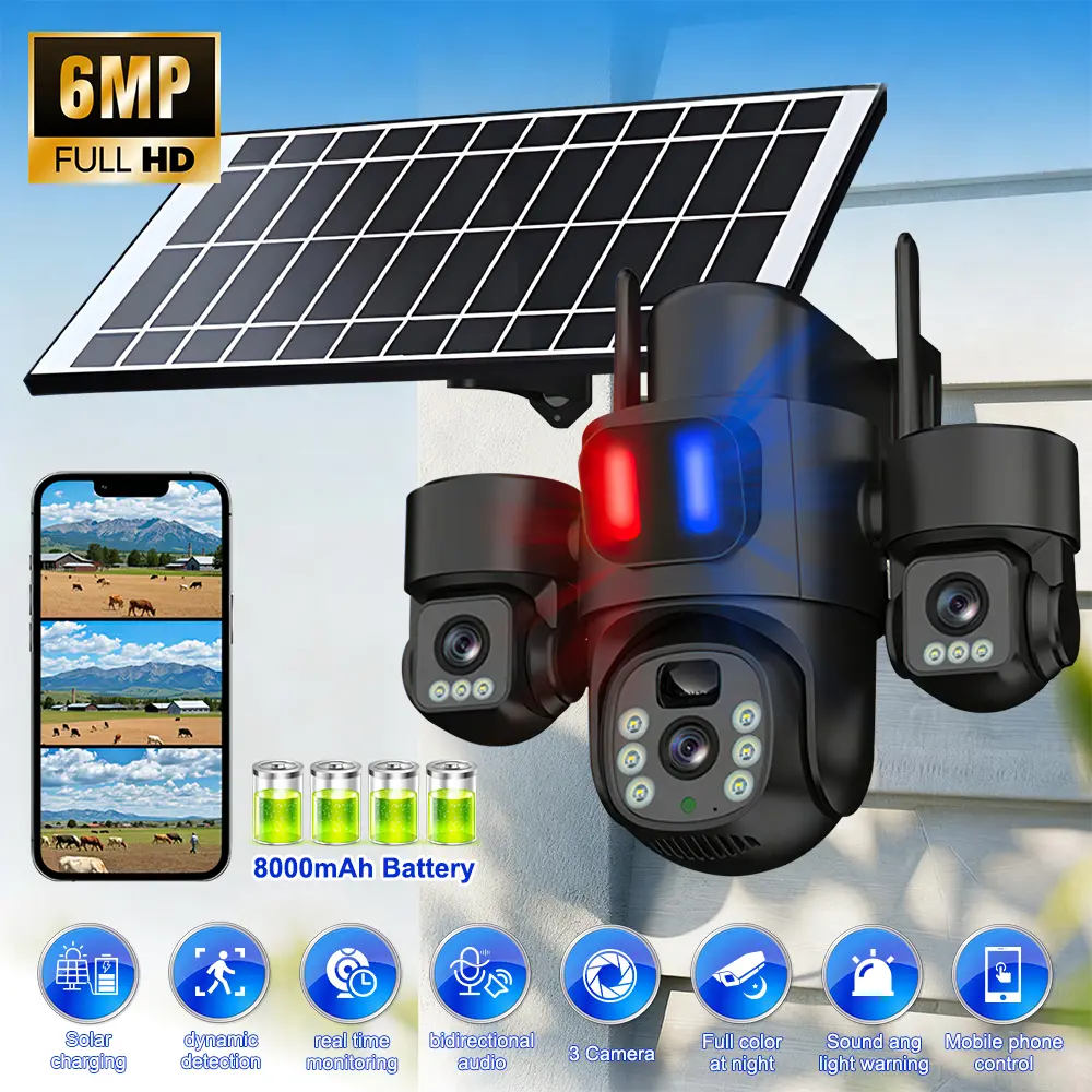 6MP Full HD Solar Powered Security Camera with 8000mAh Battery Motion Detection Night Vision 3 Camera System