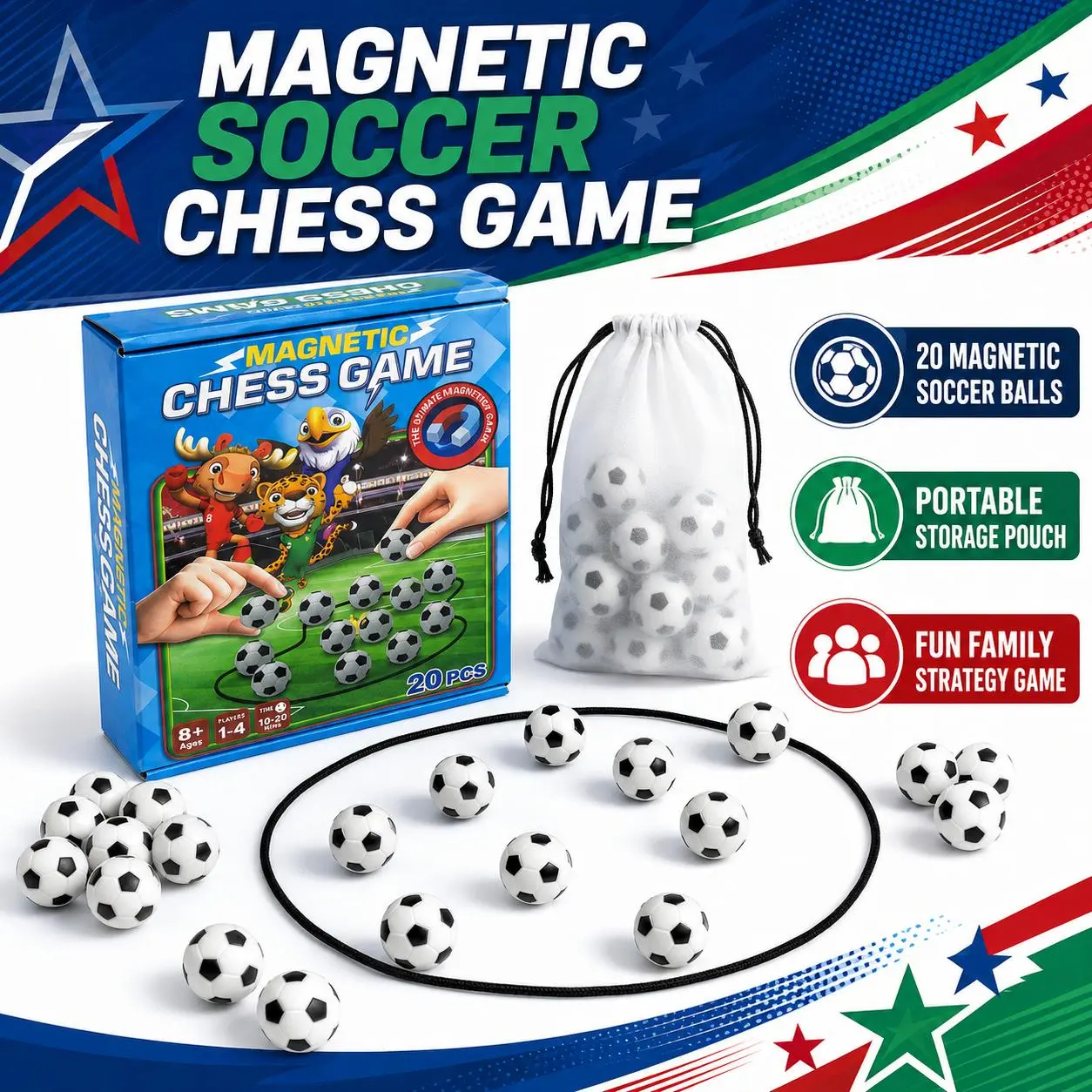 Magnetic Strategy Board Game Set with 20 Game Pieces, 2-Player Ages 16+, Travel-Friendly Portable Kit with String & Storage Bag, Tabletop Party Activity