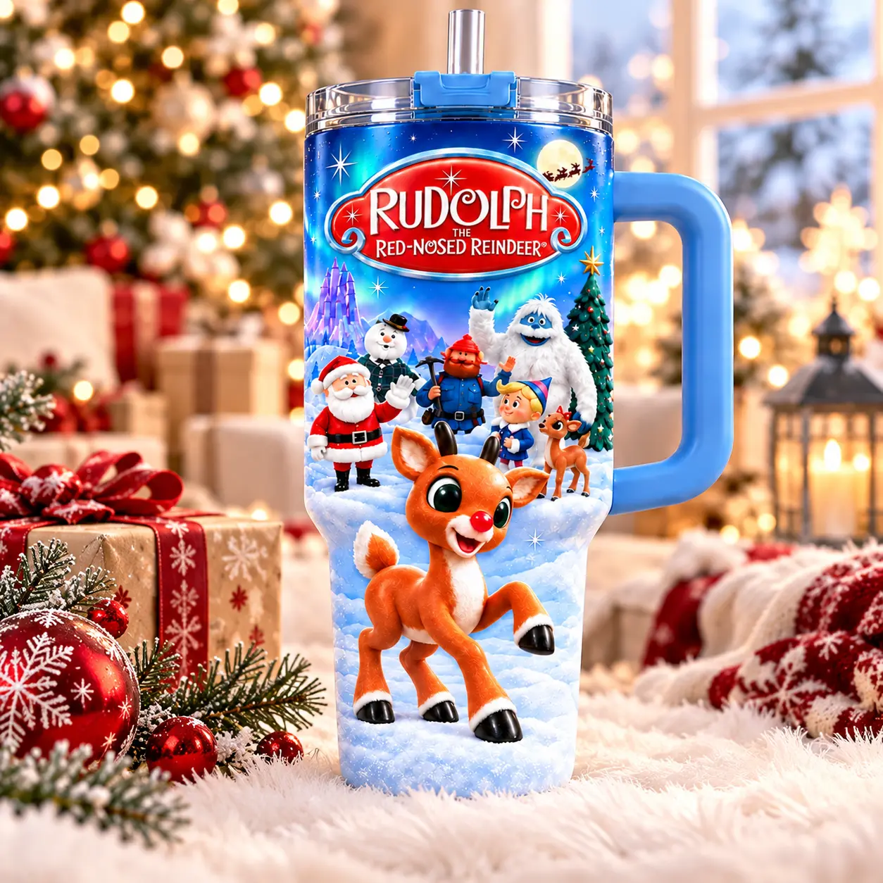 Rudolph The Red Nosed Reindeer Tumbler 40oz, Christmas Insulated Stainless Steel Travel Mug with Handle and Straw, Vintage Holiday Snow Scene Cup, Winter Wonderland Gift for Christmas Lovers
