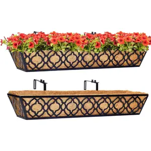 Y&M 2pcs 30" Window Boxes Horse Trough with Coconut Coir Liner,30 Inch Window Deck with Coco Liner, Black Metal Hanging Flower Planter Window Basket Deck Railing Planter Boxes for Outdoor Indoor planter basket