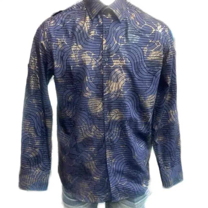 DE-NIKO Navy Shirt with Gold Wave Pattern for Men's Stylish Wear - TikTok Shop DE-NIKO Navy Shirt with Gold Wave Pattern for Men's Stylish Wear - TikTok Shop