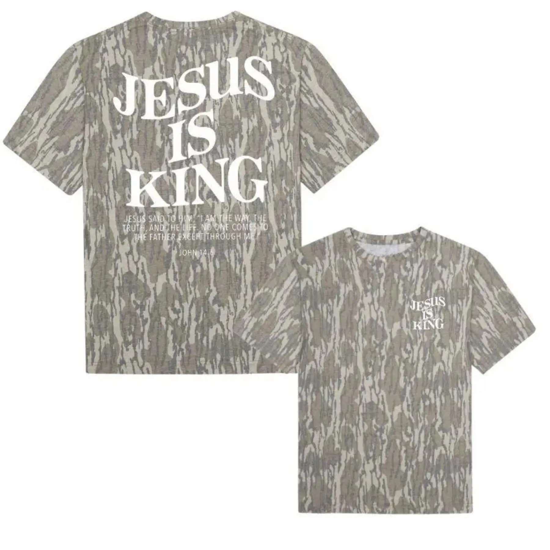 Jesus Is King Bottomland Washed Out Mossy Oak Camo Cotton T Shirt, Men’s Camo Hunting Tee, Lightweight Outdoor Shirt | Deer Forest Graphic T-Shirt for Men, Gift for Fan, Father's Day, Mother's Day