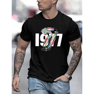 GGOR 1977 Retro Alphabet Print T-Shirt for Men| Casual Crew Neck, Short Sleeve, 100% Knit Fabric, Slight Stretch, Summer Fashion Top, Regular Fit