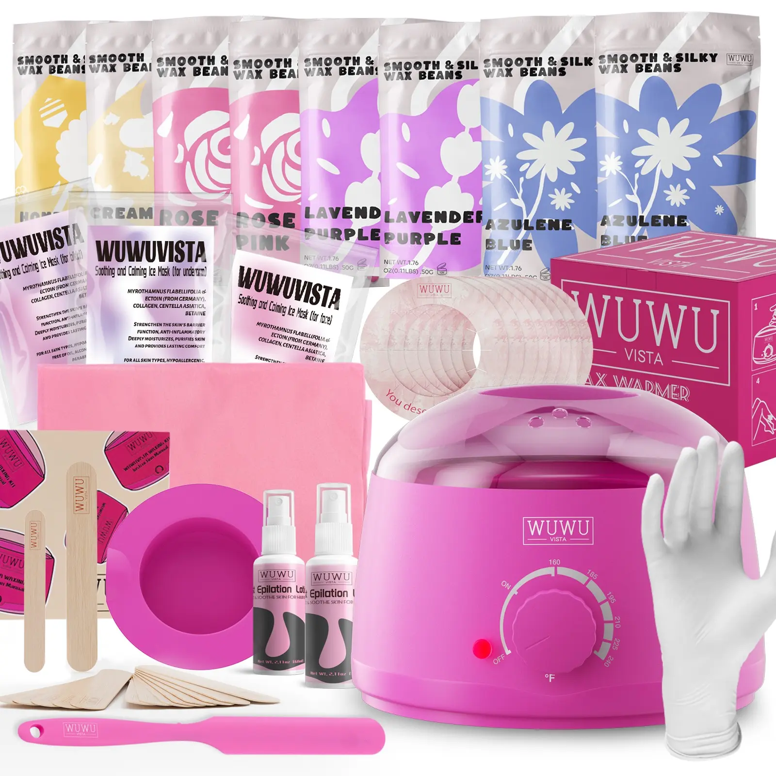 Hot wax hair removal kit, 69 pieces, including wax melter, silicone inner liner & shaving stick, 8 packs of wax beans, adjusting lotion, adjusting cooling mask, etc. Suitable for men and women home use, At Home Waxing, Wax Warmer Kit, Home Waxing Kit
