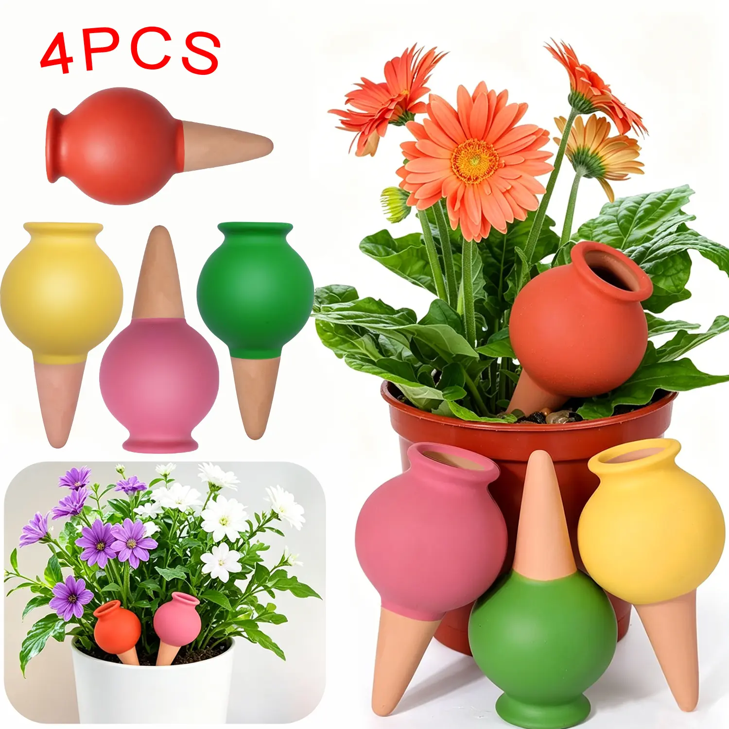 summerwins 4-Pack Glazed Durable Ceramic Top-Fill Watering Spikes Kit - 4.53in Self-Watering Stakes, Versatile Indoors/Outdoors Home Supplies, Overwatering Prevention, Easy Installation, Decorative Touch