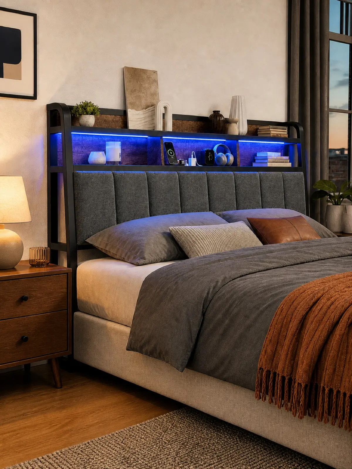 【BackToSchool】ONBRILL Ergonomic Upholstered Headboard - Queen/King Size, 2-Tier Storage, LED Lit, USB Ports, Height Adjustable, Sturdy, Modern Bed Frame Furniture (Headboard Only), Led Lit Headboard,dorm essentials,home decor